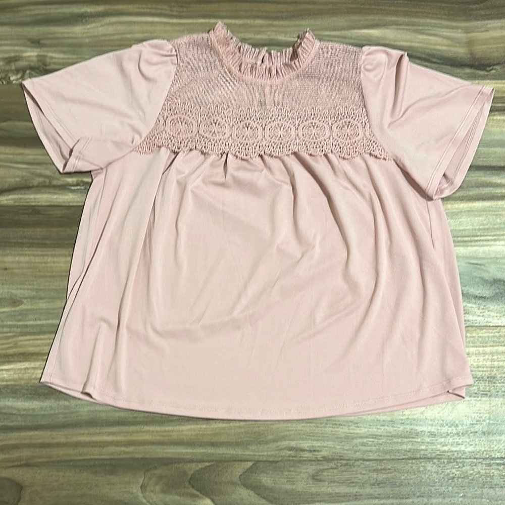 Adrianna Papell Flutter Sleeve Lace Yoke Trapeze Top Pink Nectar Women’s M